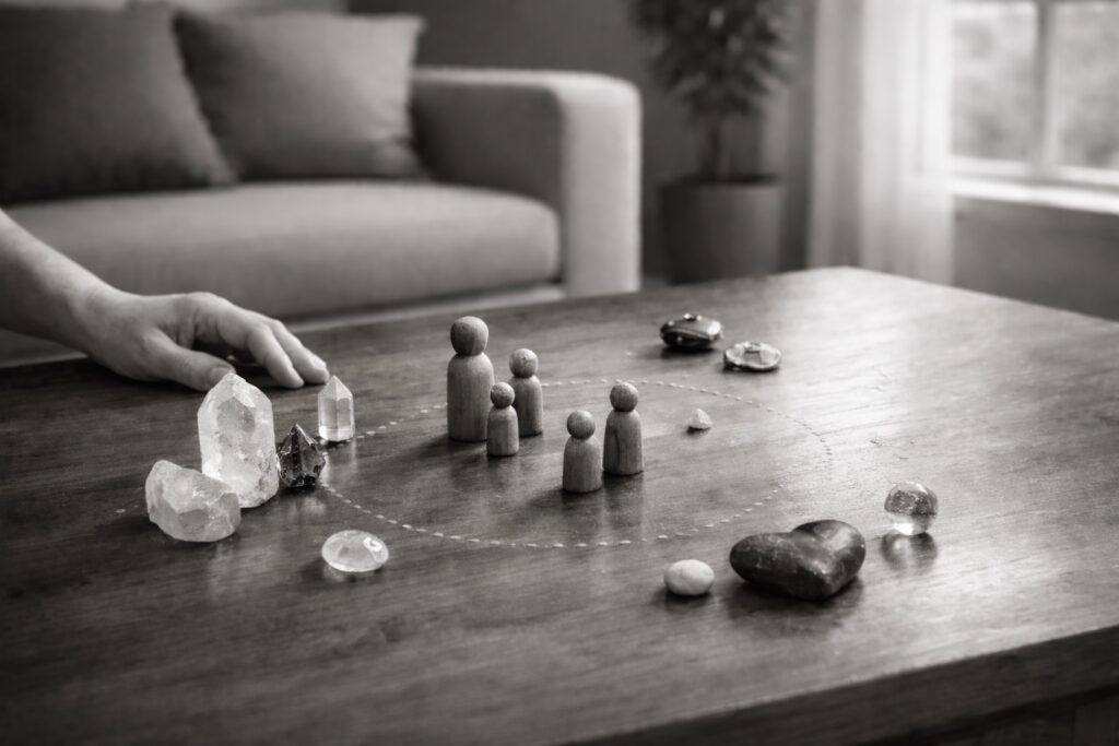 One to one systemic family constellation therapy session using wooden figures and crystals
