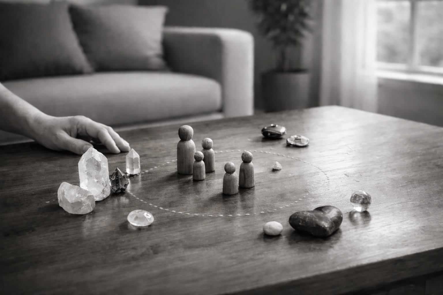 One to one family constellation therapy session using wooden figures to explore anxiety patterns