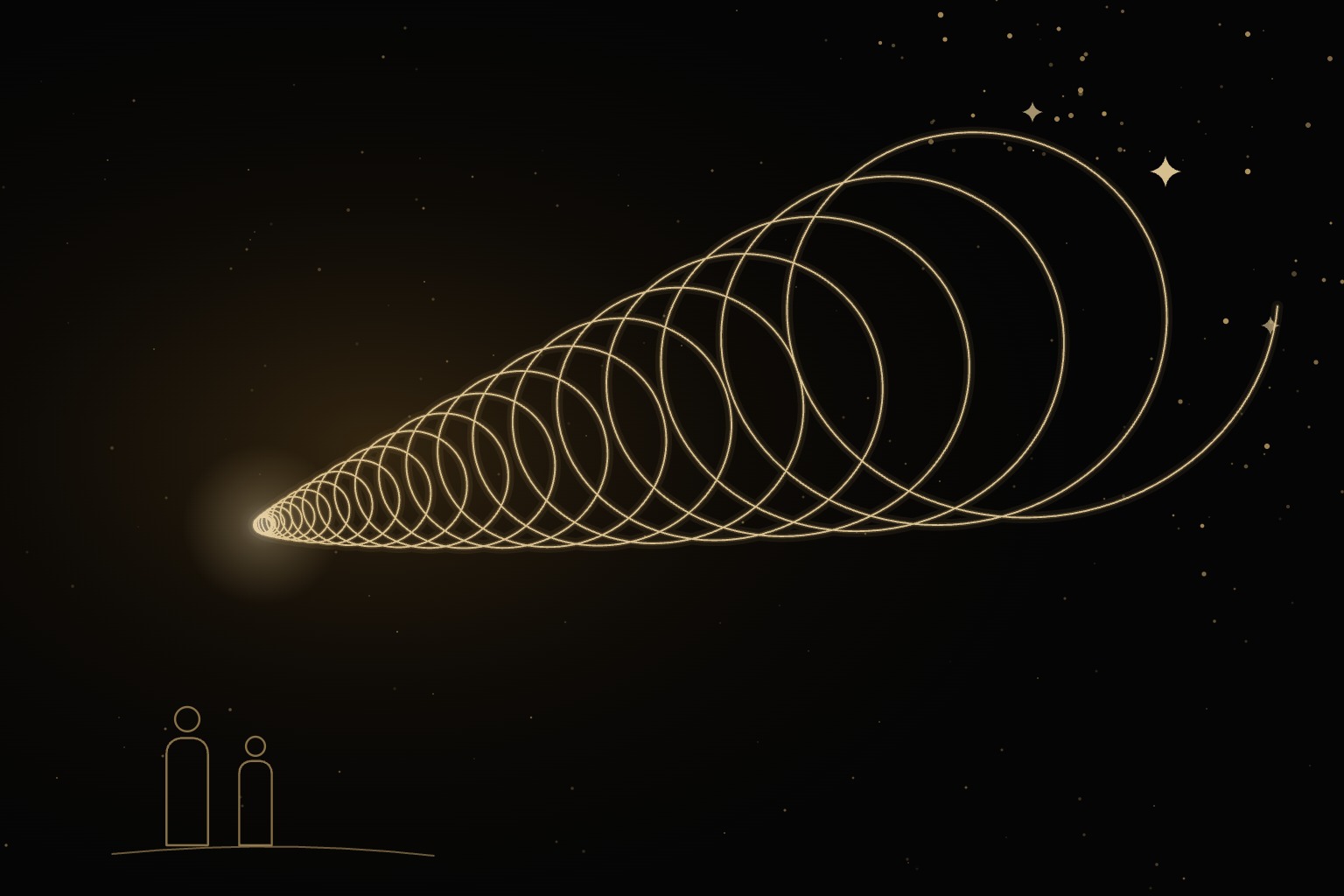 A tight knot of gold light unwinding into an open spiral rising into the dark, watched by two small figures, symbolising stuck grief beginning to move