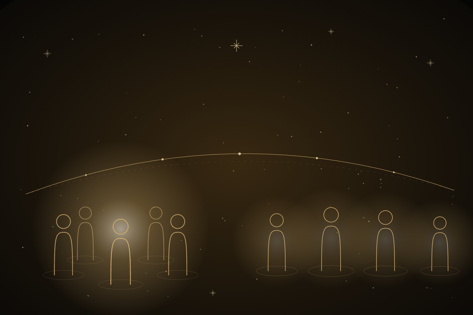 Family constellation online session: a group standing together in one room and a group in separate pools of light, joined by a single thread of light