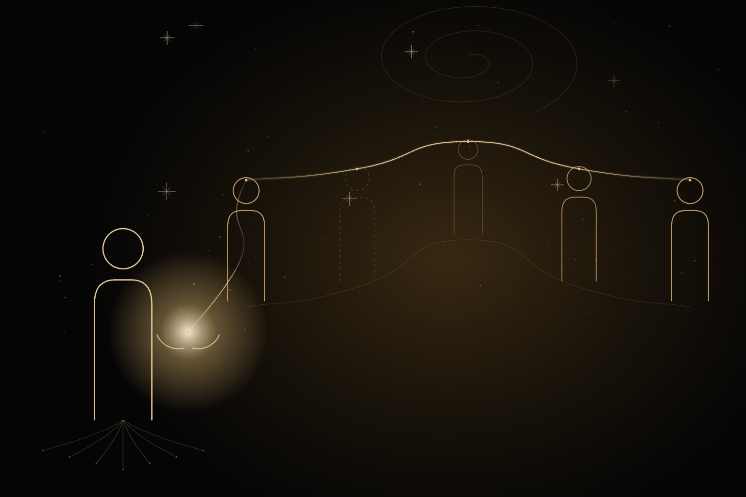 What a family constellation facilitator does, shown as a figure standing outside a line of five representatives holding a thread of light
