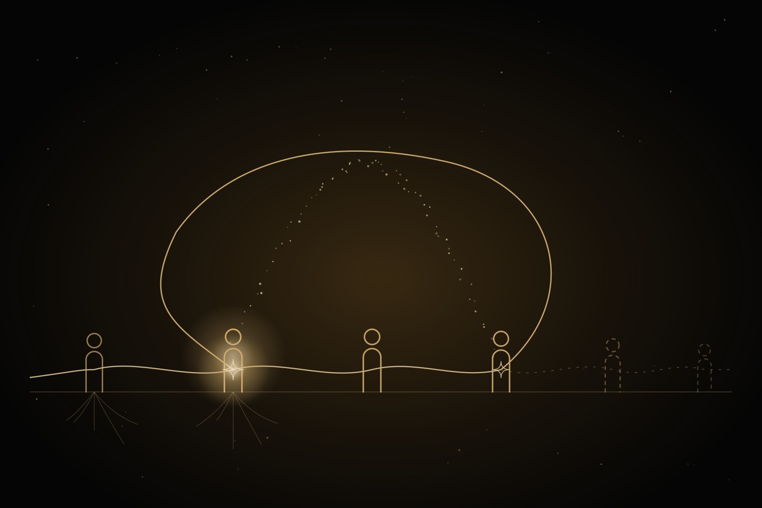 Family constellation money block shown as a thread of light looping back to an earlier generation instead of moving forward